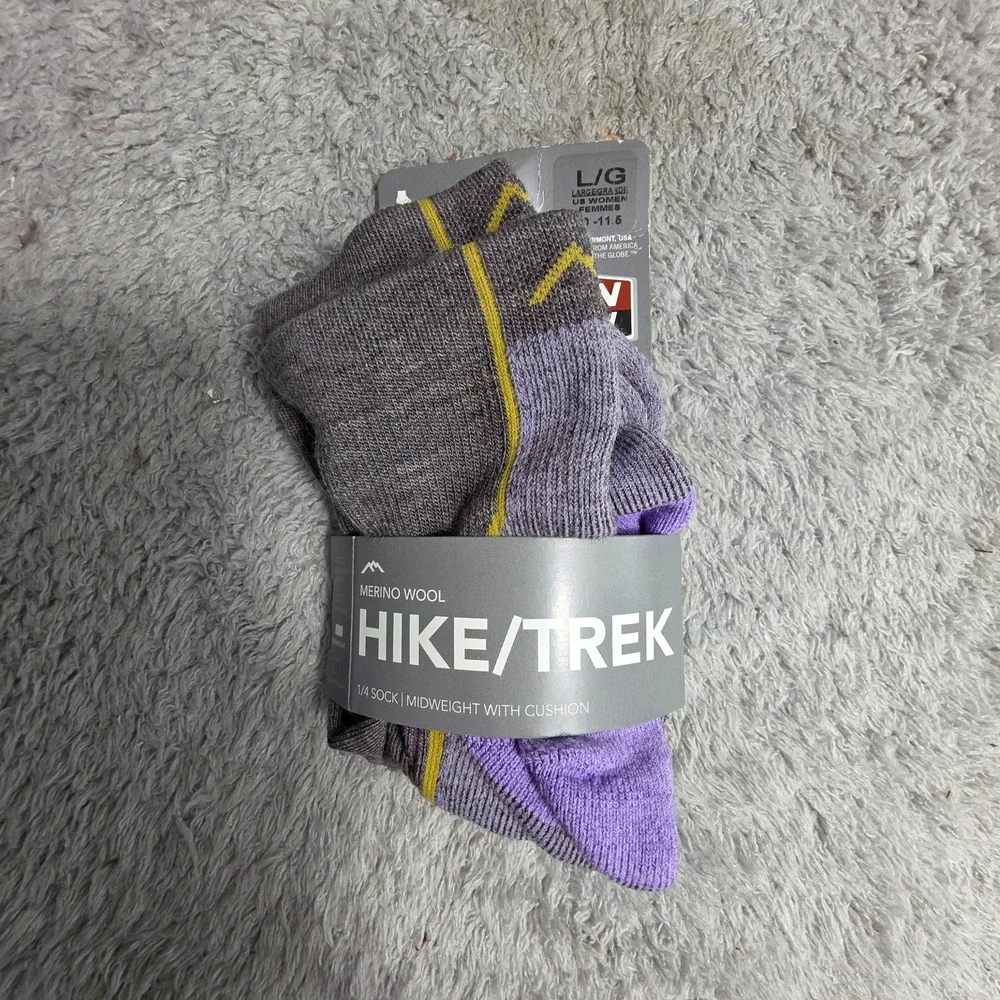 Darn Tough Hike Trek 1/4 Socks Taupe Purple Merino Wool Women Size L NWT